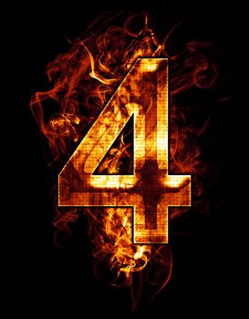 four, illustration of number with chrome effects and red fire on black background