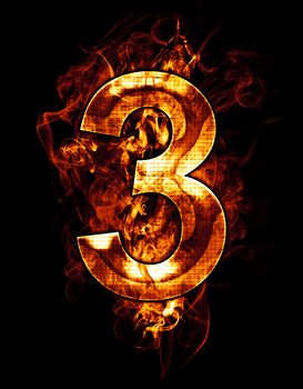 three, illustration of number with chrome effects and red fire on black background