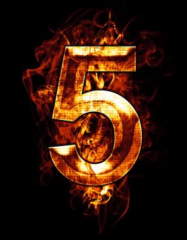 five, illustration of number with chrome effects and red fire on black background