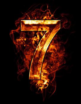 seven, illustration of number with chrome effects and red fire on black background