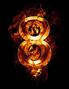 eight, illustration of number with chrome effects and red fire on black background