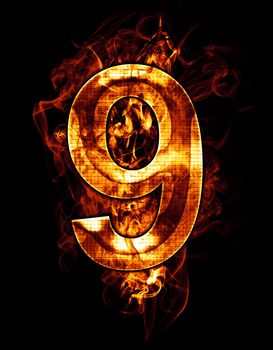 nine, illustration of number with chrome effects and red fire on black background