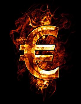 euro, illustration of number with chrome effects and red fire on black background