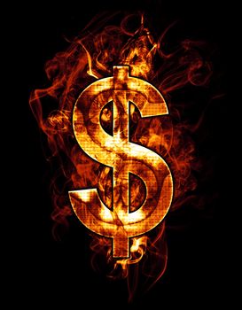 dollar, illustration of number with chrome effects and red fire on black background