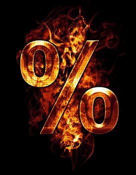 percent, illustration of number with chrome effects and red fire on black background