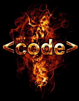 code, illustration of number with chrome effects and red fire on black background