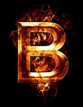 b, illustration of letter with chrome effects and red fire on black background