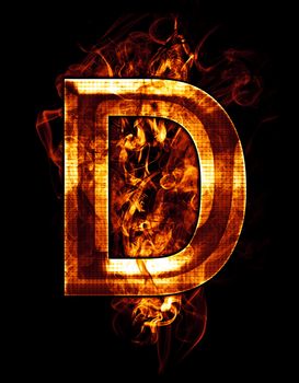 d, illustration of letter with chrome effects and red fire on black background