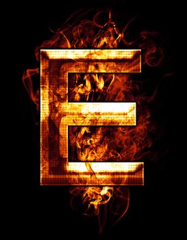 e, illustration of letter with chrome effects and red fire on black background