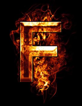 f, illustration of letter with chrome effects and red fire on black background