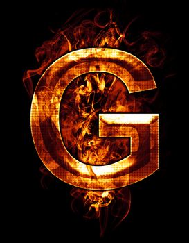 g, illustration of letter with chrome effects and red fire on black background