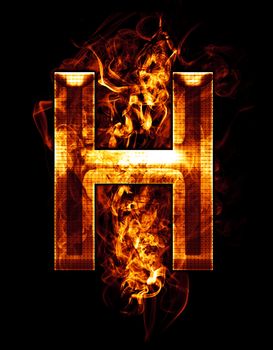 h, illustration of letter with chrome effects and red fire on black background