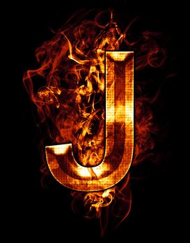 j, illustration of letter with chrome effects and red fire on black background