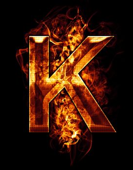 k, illustration of letter with chrome effects and red fire on black background