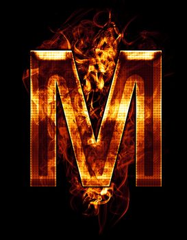 m, illustration of letter with chrome effects and red fire on black background