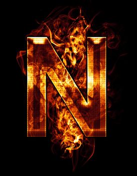 n, illustration of letter with chrome effects and red fire on black background