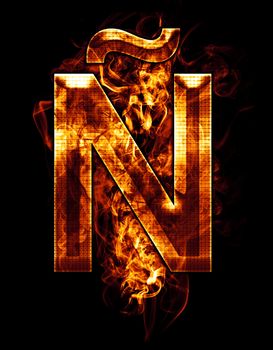 ��, illustration of letter with chrome effects and red fire on black background