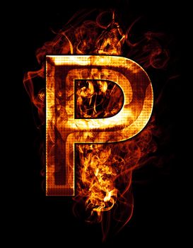 p, illustration of letter with chrome effects and red fire on black background