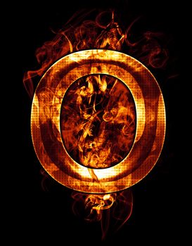 o, illustration of letter with chrome effects and red fire on black background