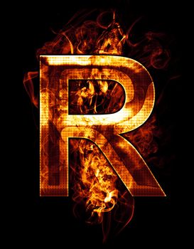 r, illustration of letter with chrome effects and red fire on black background