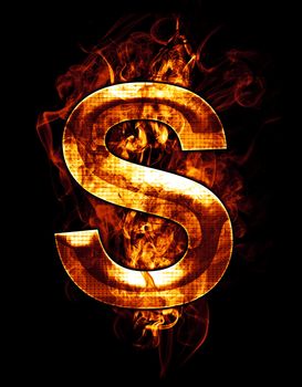 s, illustration of letter with chrome effects and red fire on black background