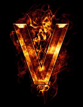 v, illustration of letter with chrome effects and red fire on black background