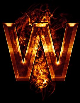 w, illustration of letter with chrome effects and red fire on black background