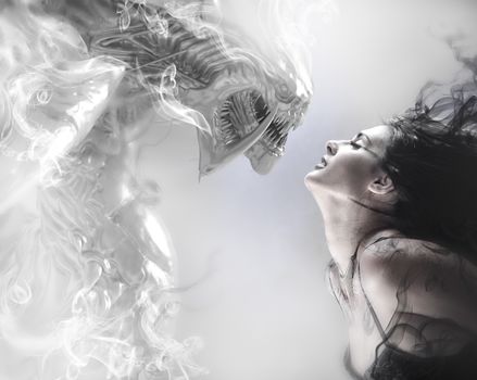 beauty and the beast, beautiful woman kissing a monster