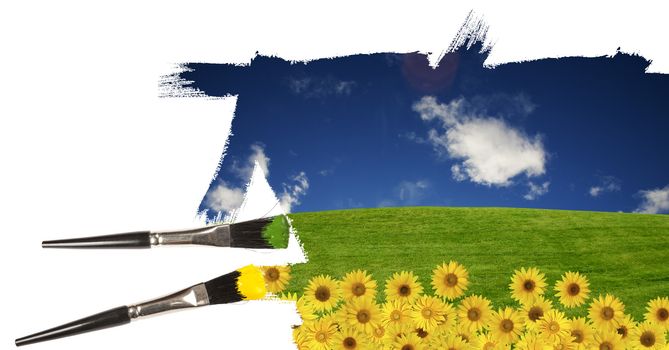 Painting a summer landscape with summer blue sky 