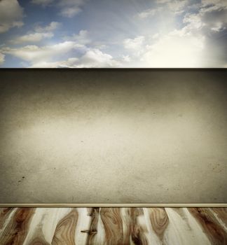 Wooden floorboards, wall and sky. Copy space