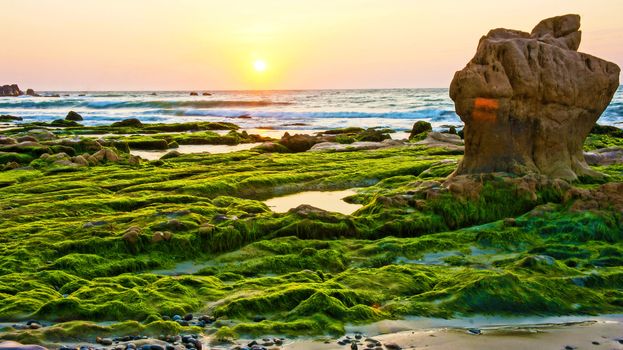 Impressive landscape of nature with amazing large rock, green moss cover on stone, sunrise on horizon, waves  crashed onto shore , it's make romantic, paradise scenery on beach 