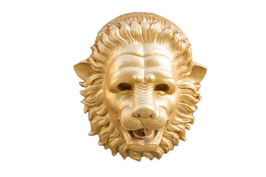 statue of golden lion head isolated on white background