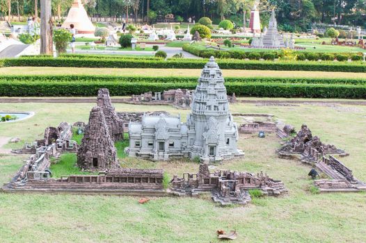 Phimai stone temple is reproduced to mini size in mini siam, Thailand.