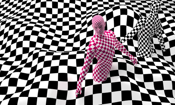 Checkered composition with Black end Red checkered people made in 3d