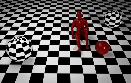 Checkered composition with man end ball   made in 3d