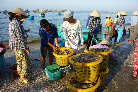 PHAN THIET- VIETNAM- JAN 21: Crowed atmosphere at outdoor seafood market on beach, people trader fishing product in morning, boat on water, man vs woman buy and sell fresh food, Viet Nam, Jan 21, 2014