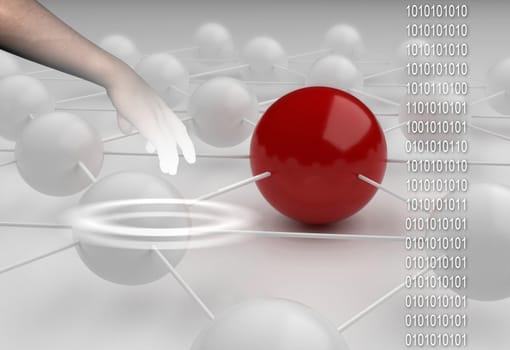 Binary code against hand  with abstract background  of red end white ball made in 3d.