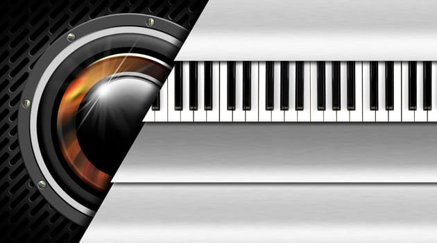 Background with dark grid, woofer, metal stripes and piano keyboard - business card music