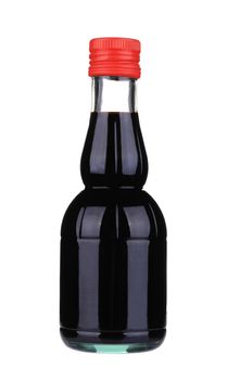 Soy sauce in a glass jar. Isolated on a white background.