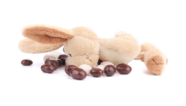 Toy bunny with dragees. Isolated on a white background.