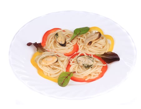 Sea salad with spaghetti. Isolated on a white background.