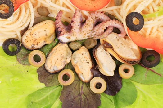 Sea salad with spaghetti. Located on the whole background.