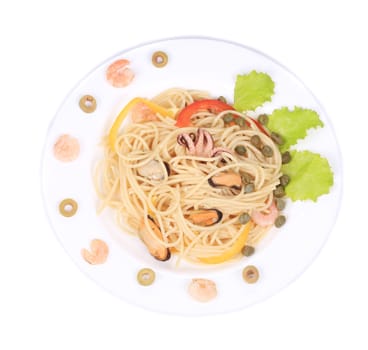 Sea salad with spaghetti. Isolated on a white background.