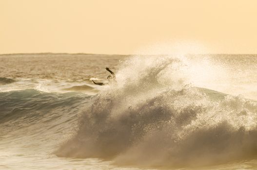 Backlight Silhouette Surfer in the Ocean at Sunset