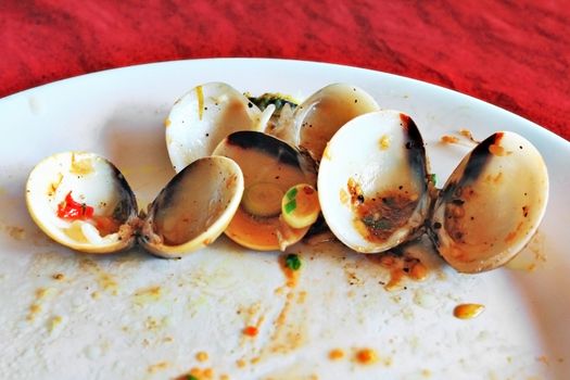 Eating up the fried enamel venus shell or Meretrix with garlic and chilli peppers on plate