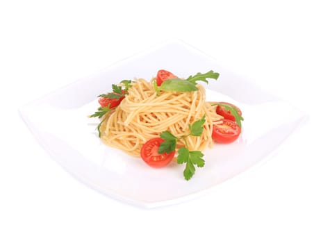 spaghetti with tomato and basil. isolated on a white background