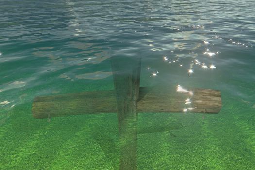 Wooden cross under water made in 3d software