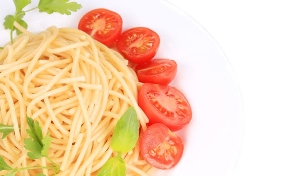 close up of spaghetti with tomato and basil. isolated on a white background