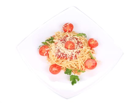 spaghetti with tomato sauce basil and cheese. isolated on a white background