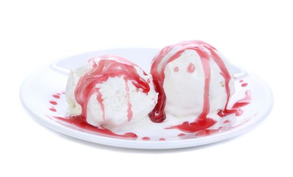 Collage of ice cream with red syrup on white plate. Isolated on a white background